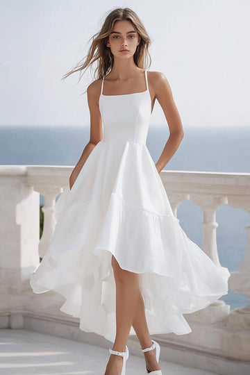 Ruffled High Low A Line White Graduation Dress